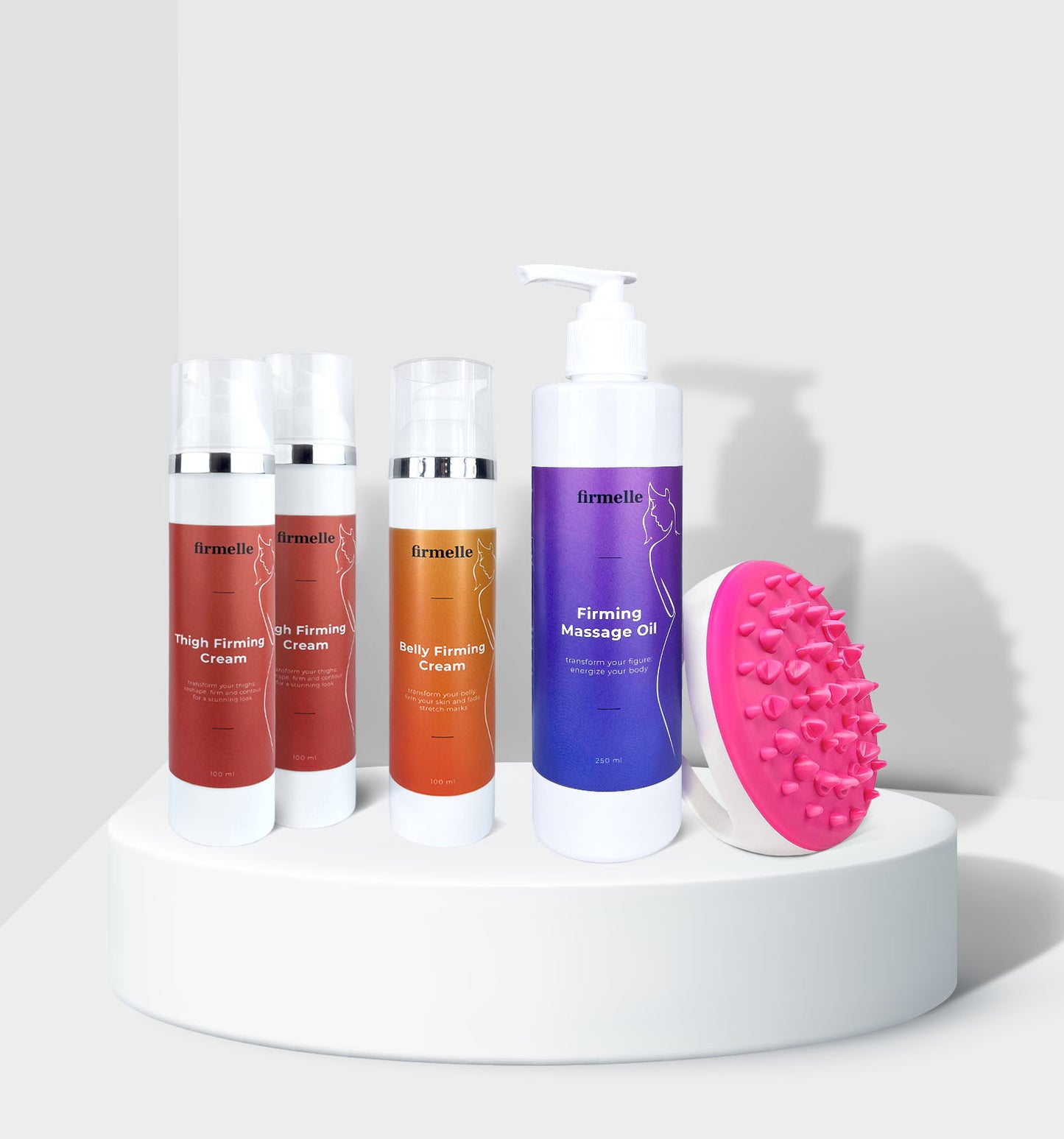 - 2 Crema rassodante per le cosce - 1 Crema rassodante per la pancia - 1 Olio per massaggi contro la cellulite - 1 Massaggiatore antirughe